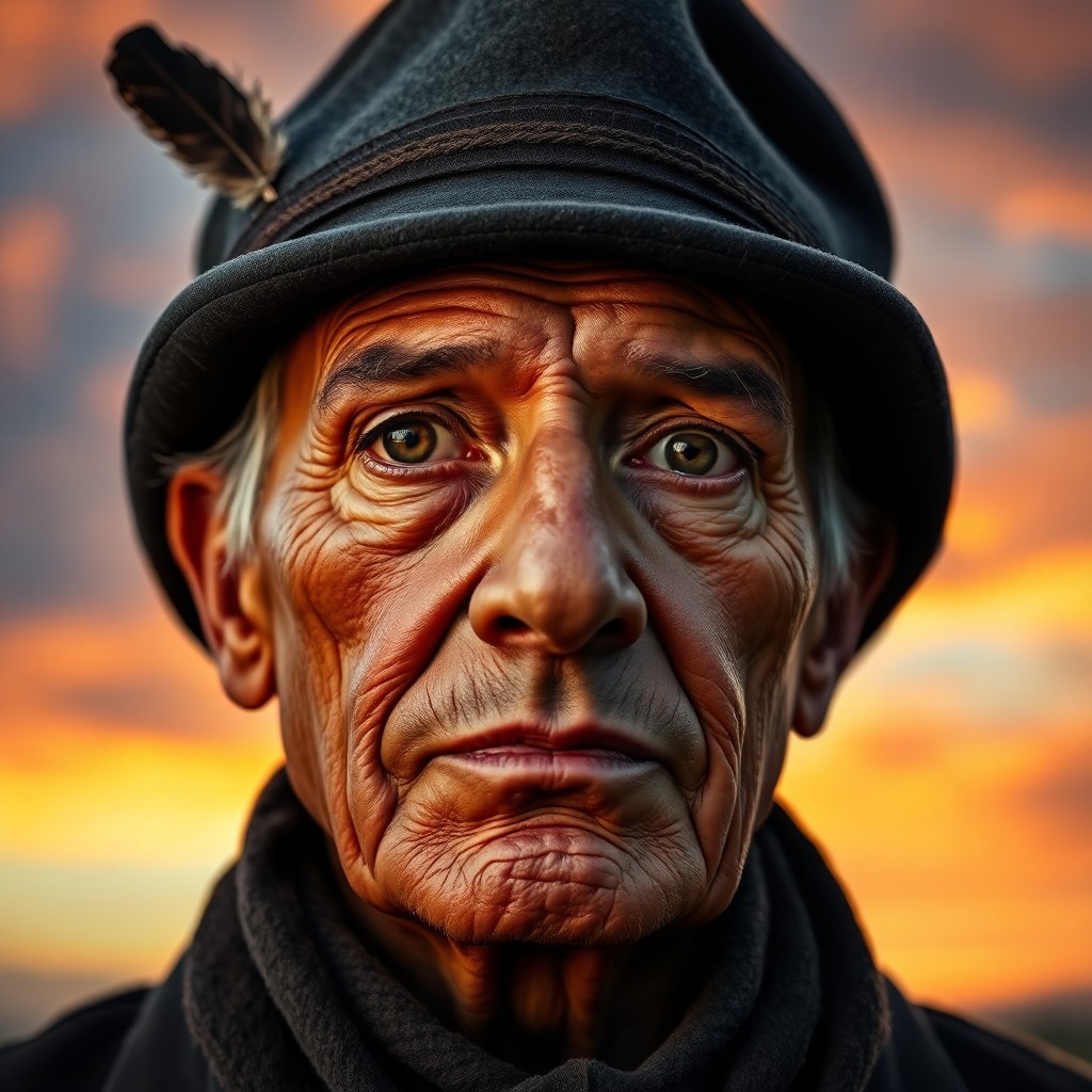 AI generated art for prompt: A weathered face with deep wrinkles and warm brown eyes gazes thoughtfully into a dramatic sunset sk