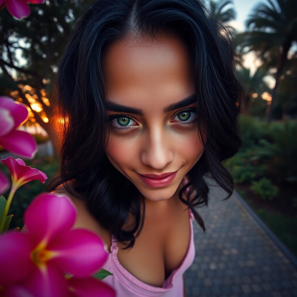 AI generated art for prompt: A young Caribbean woman with striking emerald eyes and fair skin poses for a portrait photograph cap