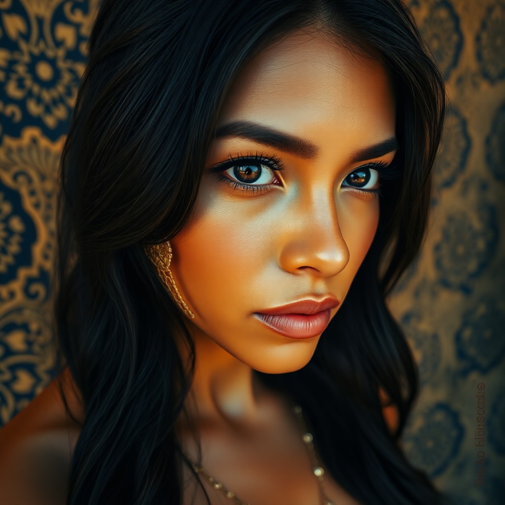 AI generated art for prompt: Craft a close-up portrait from an unconventional angle showcasing a mysterious Polynesian woman with