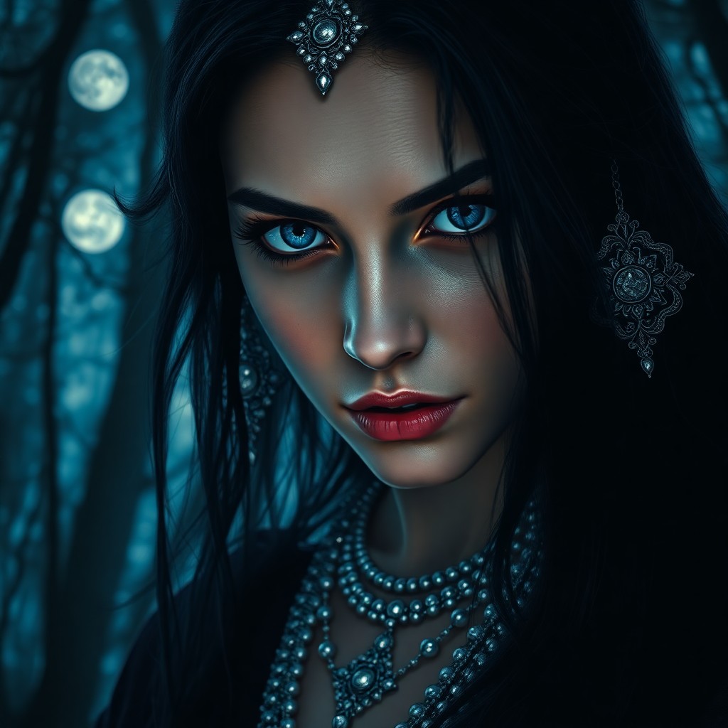 AI generated art for prompt: An enigmatic female sorceress with deep blue eyes and long, dark hair adorned by intricate silver je