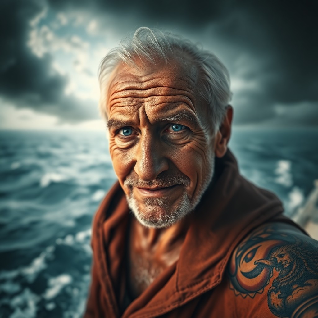 AI generated art for prompt: Envision a captivating portrait of an elderly sailor, his face etched with age and weathered by year