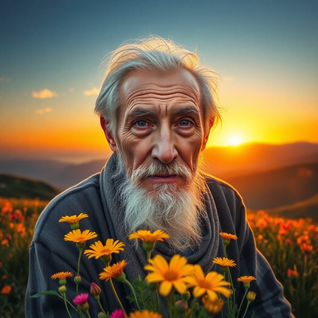 AI generated art for prompt: A photorealistic portrait depicts a wise old sage sitting atop a rolling hill, his weathered face ma