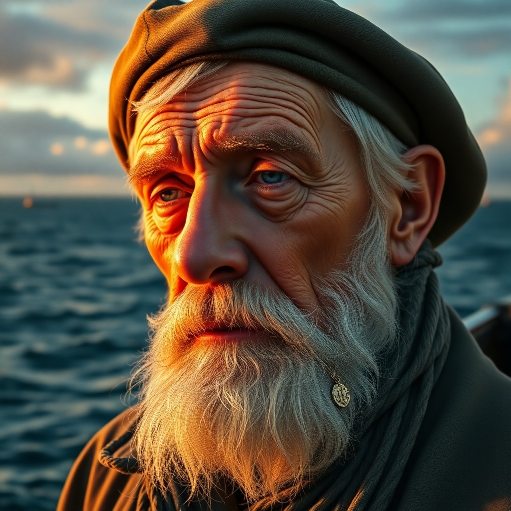 AI generated art for prompt: A photorealistic portrait photograph captures an aged sea captain with a rugged appearance and unfoc