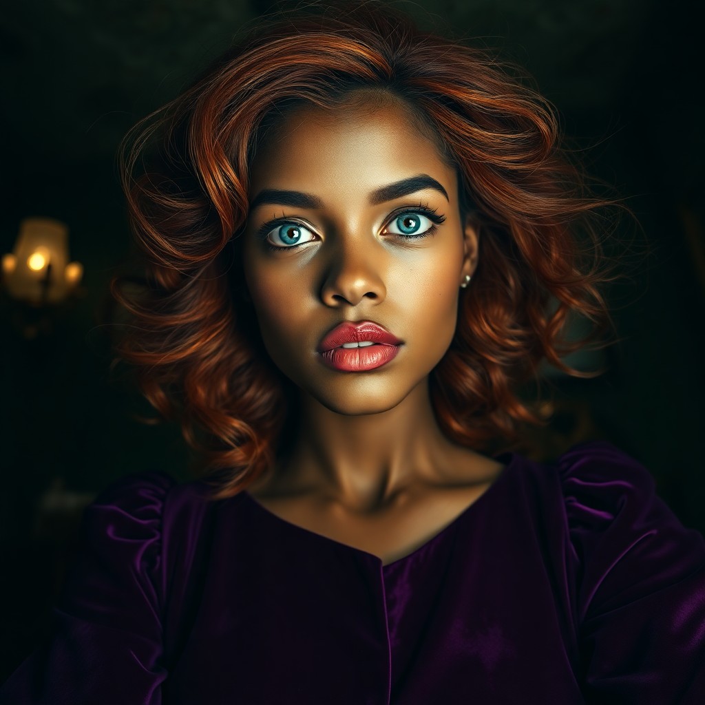 AI generated art for prompt: A hyperrealistic portrait depicts an African woman with captivating unfocused blue eyes, full lips, 