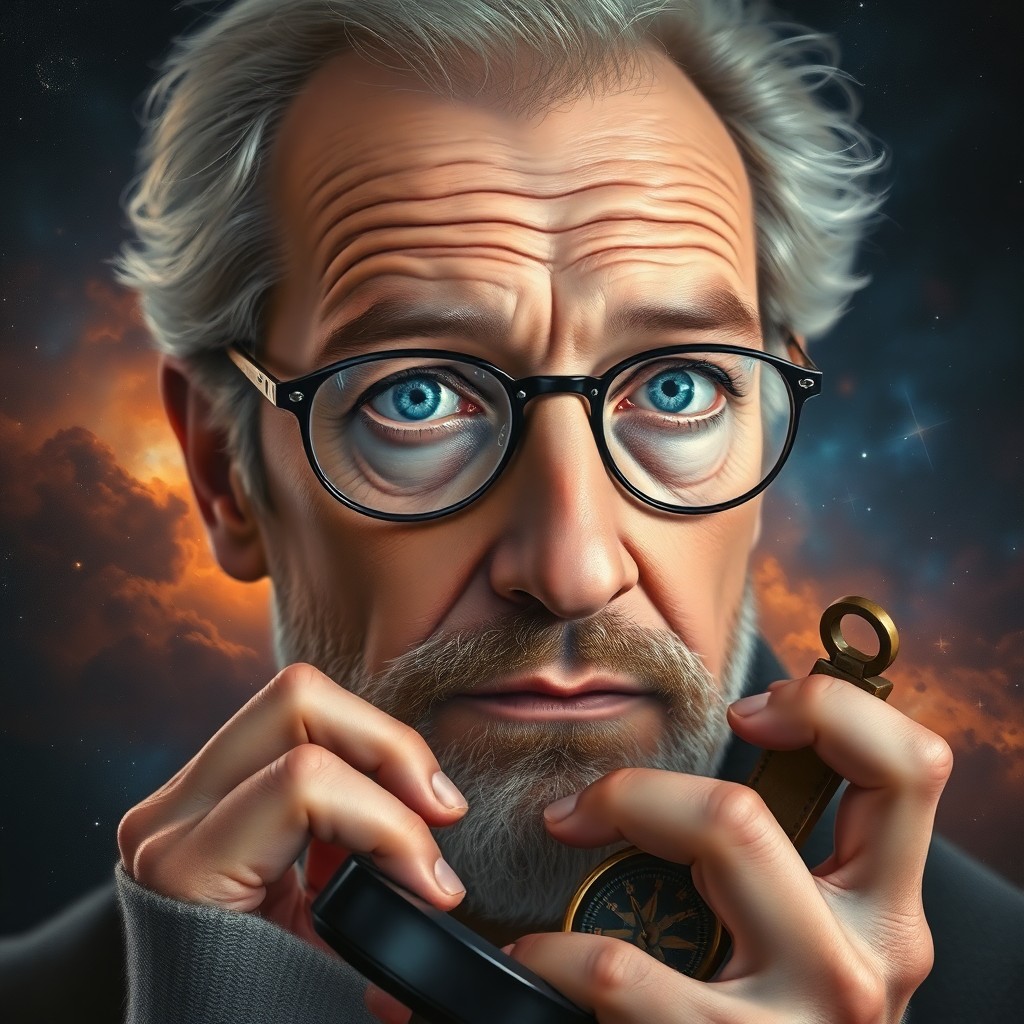 AI generated art for prompt: Render a renowned quantum physicist with clouded blue eyes and an expression of contemplation agains