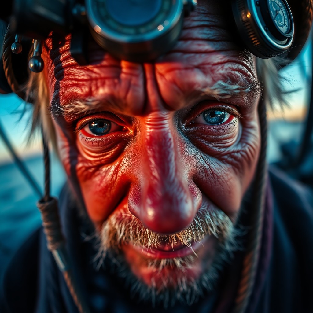 AI generated art for prompt: A close-up portrait, captured from a 'bug's eye view', reveals an old-school fisherman with sun-kiss