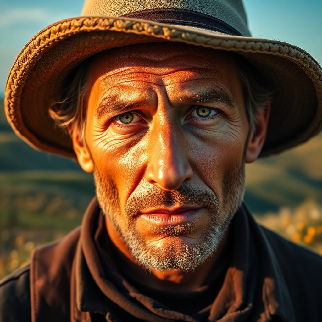 AI generated art for prompt: A photorealistic digital portrait showcases an enigmatic Caucasian man with compassionate green eyes