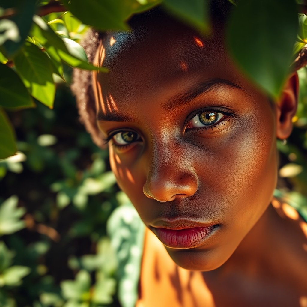 AI generated art for prompt: A close-up portrait of a young Sub-Saharan African woman with timid green eyes and porcelain skin sh