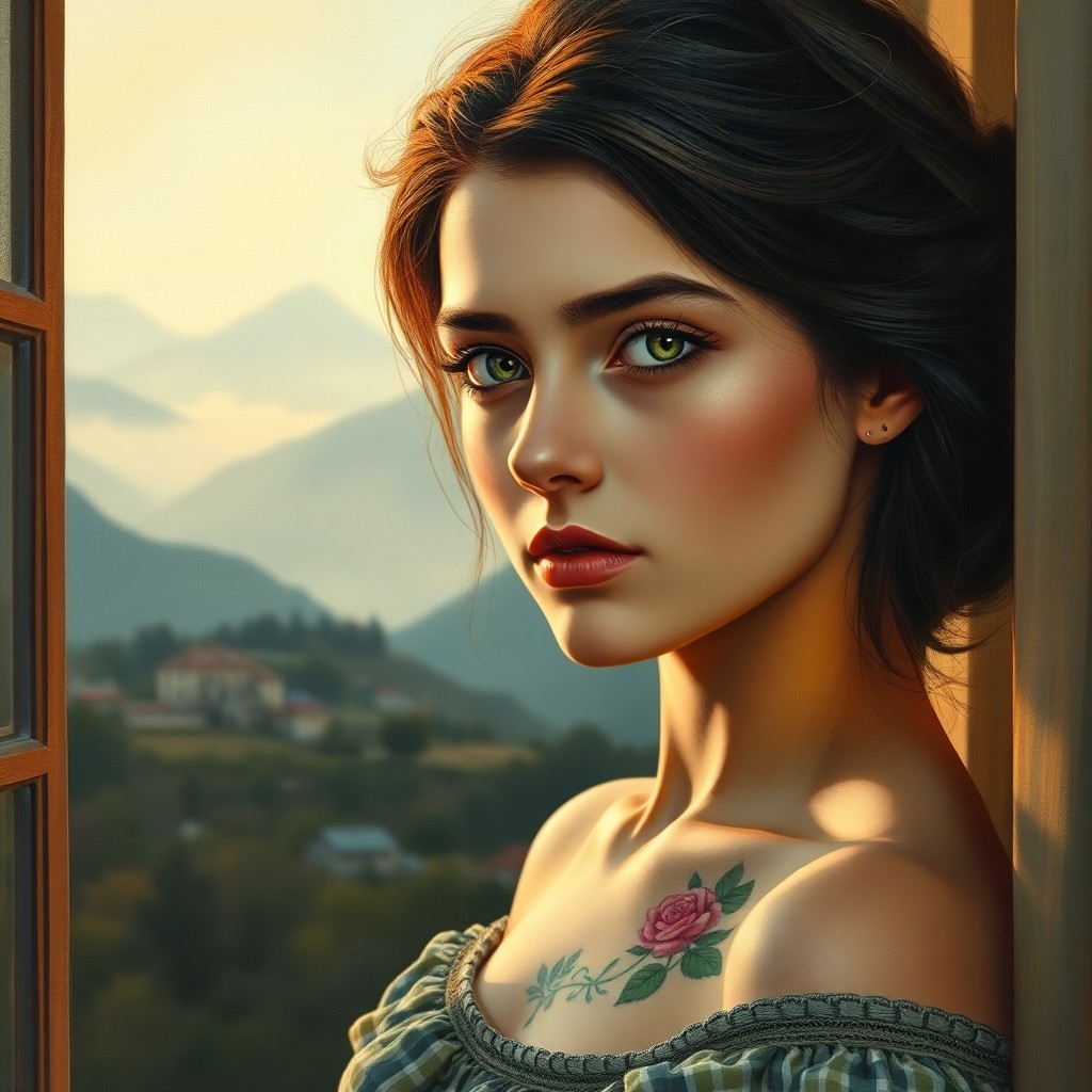 AI generated art for prompt: Craft a vintage oil painting portraying an introspective young Western European woman with raven hai