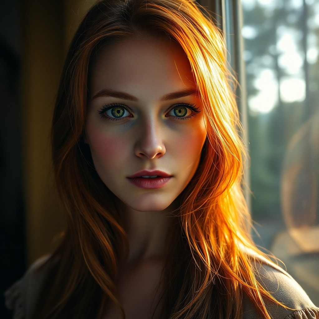 AI generated art for prompt: A photorealistic portrait of a captivating Slavic woman with warm green eyes and fiery red hair casc