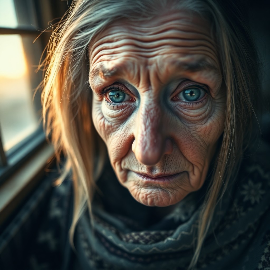 AI generated art for prompt: A close-up portrait of an enigmatic Nordic elder with misty green eyes and deep wrinkles etched acro