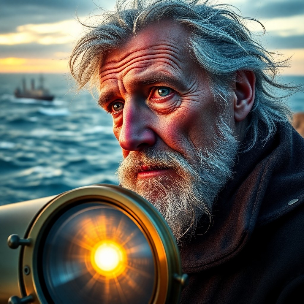 AI generated art for prompt: Craft a photorealistic portrait of an aged lighthouse keeper in his sixties, with serene blue eyes, 