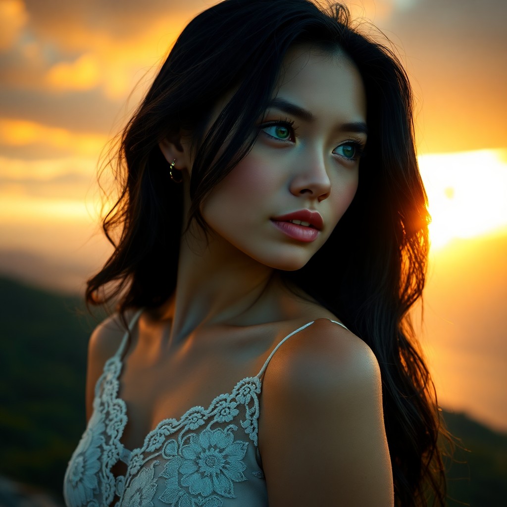 AI generated art for prompt: A portrait photograph showcases a young Polynesian woman with porcelain skin and captivating emerald