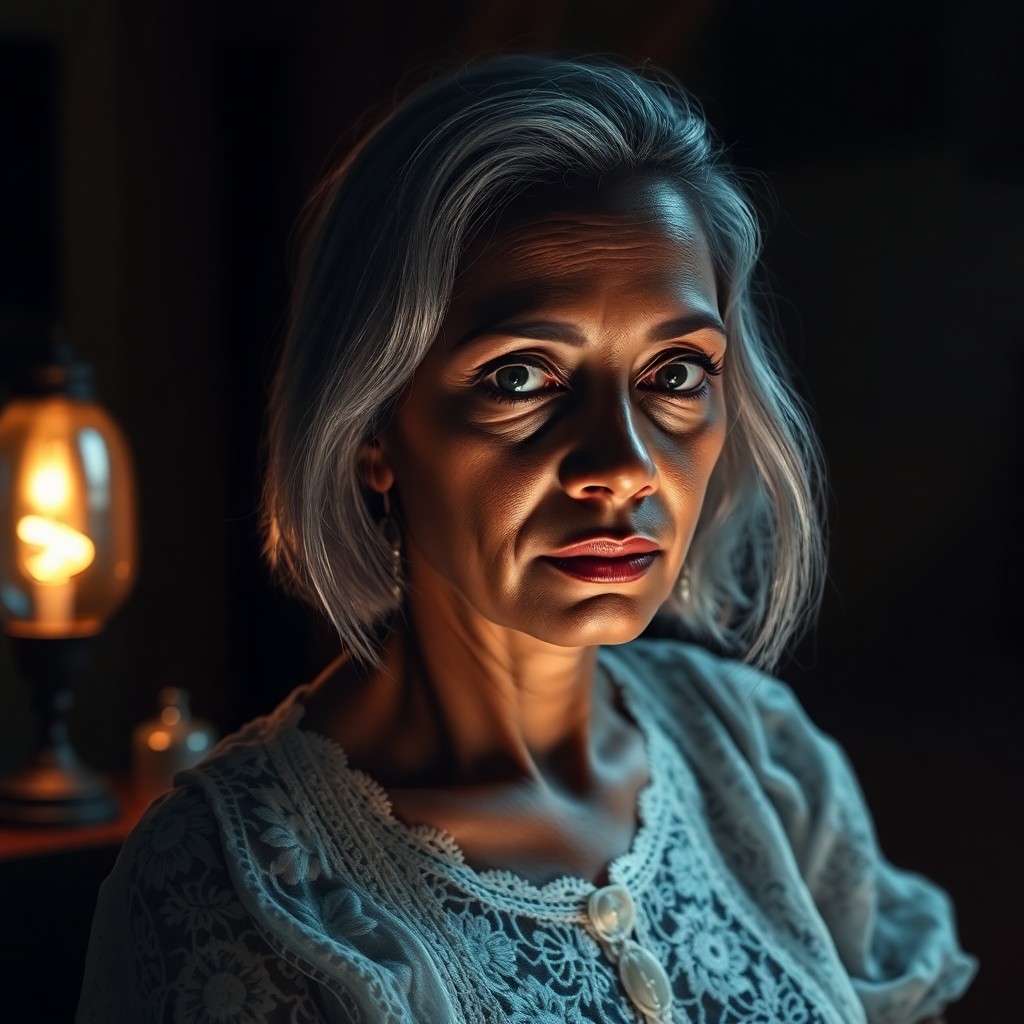 AI generated art for prompt: Craft an iPhone portrait of a South Asian woman with striking silver hair, bathed in Edward Hopper-i