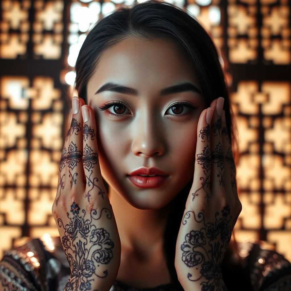 AI generated art for prompt: A close-up portrait captures an enchanting East Asian woman adorned with intricate henna tattoos on 