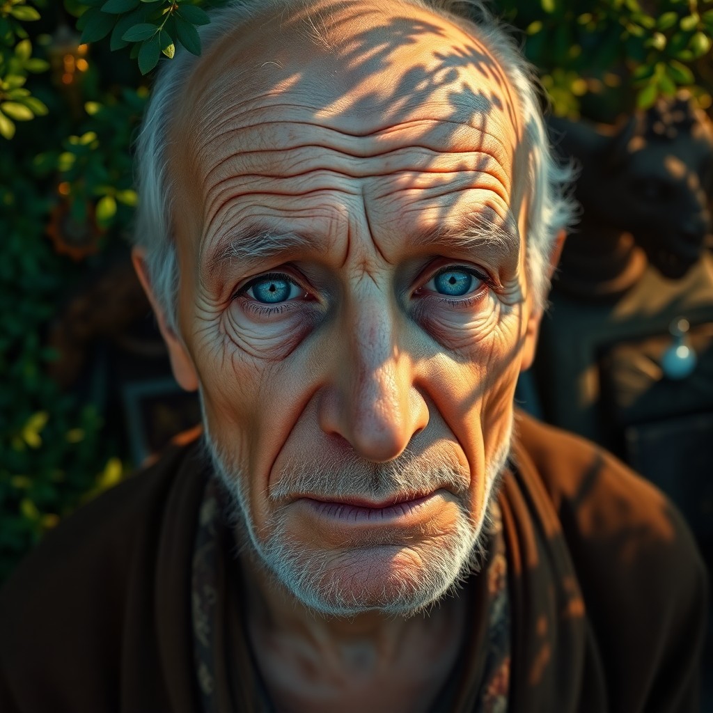 AI generated art for prompt: A mesmerizing hyperrealistic portrait showcases a wise sage's essence with deep wrinkles etched on t