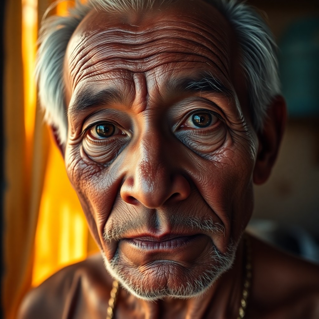 AI generated art for prompt: Photorealistic portrait photograph of an elderly Polynesian man with deep-set eyes and weathered ski