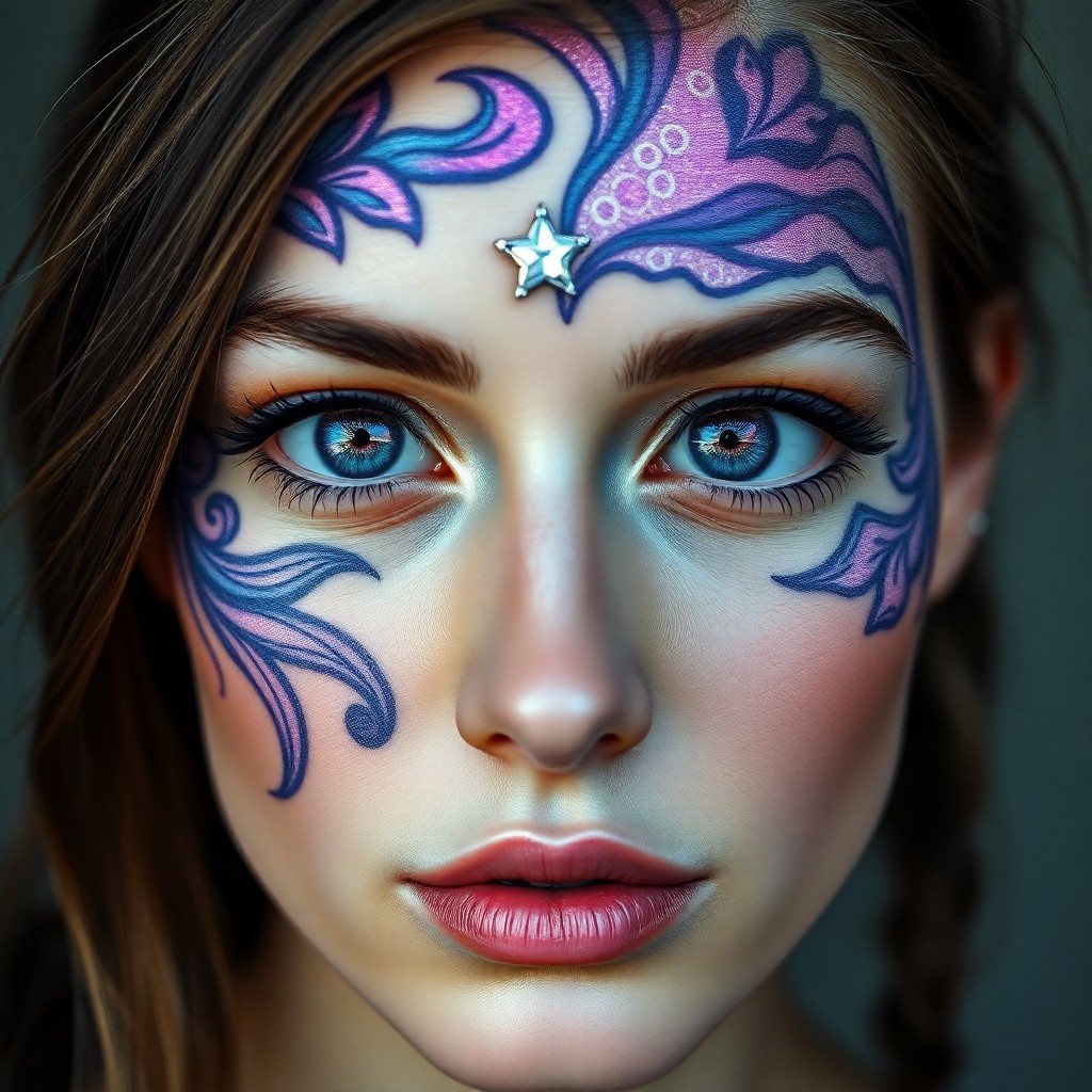 AI generated art for prompt: Envision a hyper-realistic portrait of a Caucasian woman adorned with intricate iridescent tattoos o