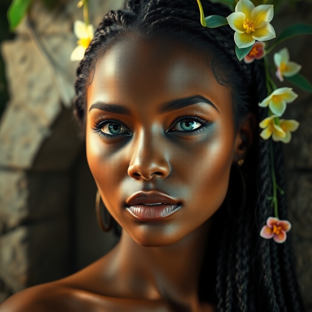 AI generated art for prompt: Employ photorealistic methods to craft a captivating portrait of a Sub-Saharan African woman with st