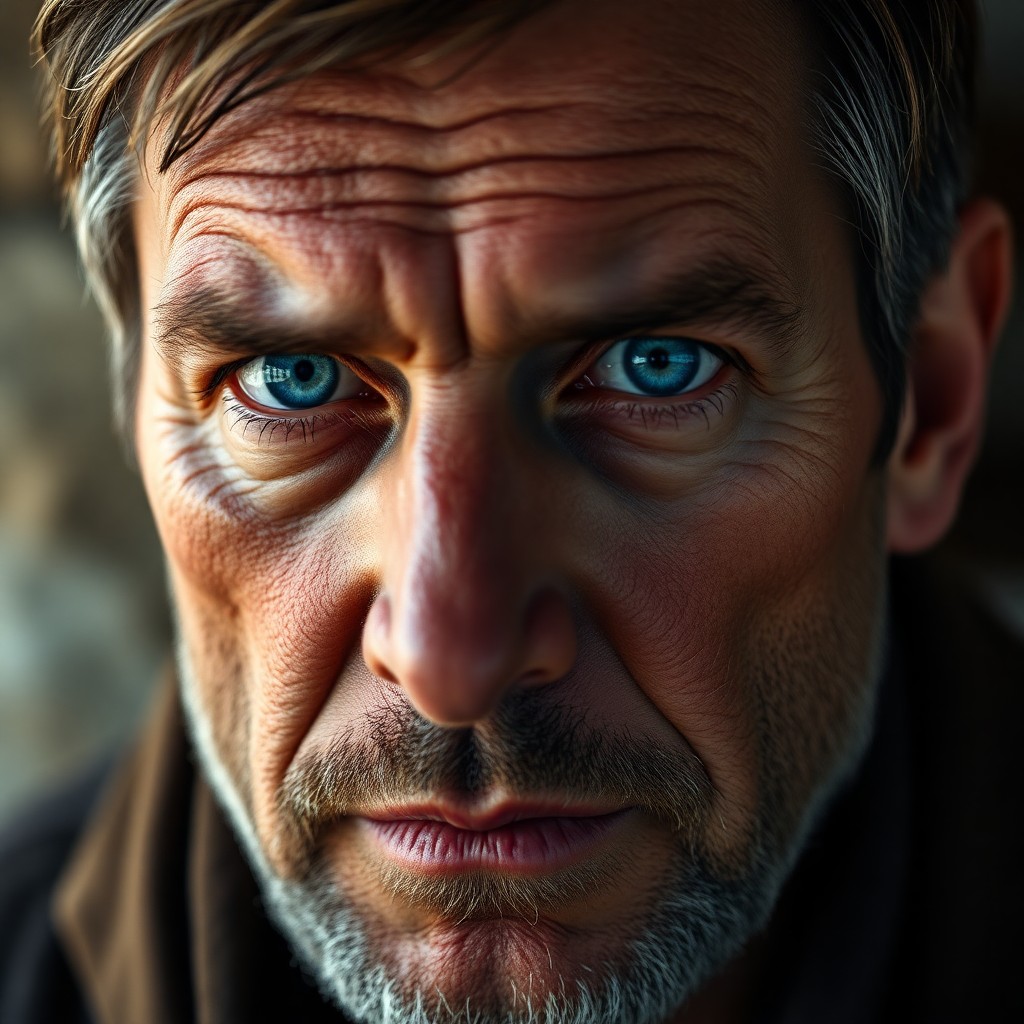 AI generated art for prompt: A photorealistic portrait of a middle-aged Slavic man with piercing blue eyes and rugged features ca