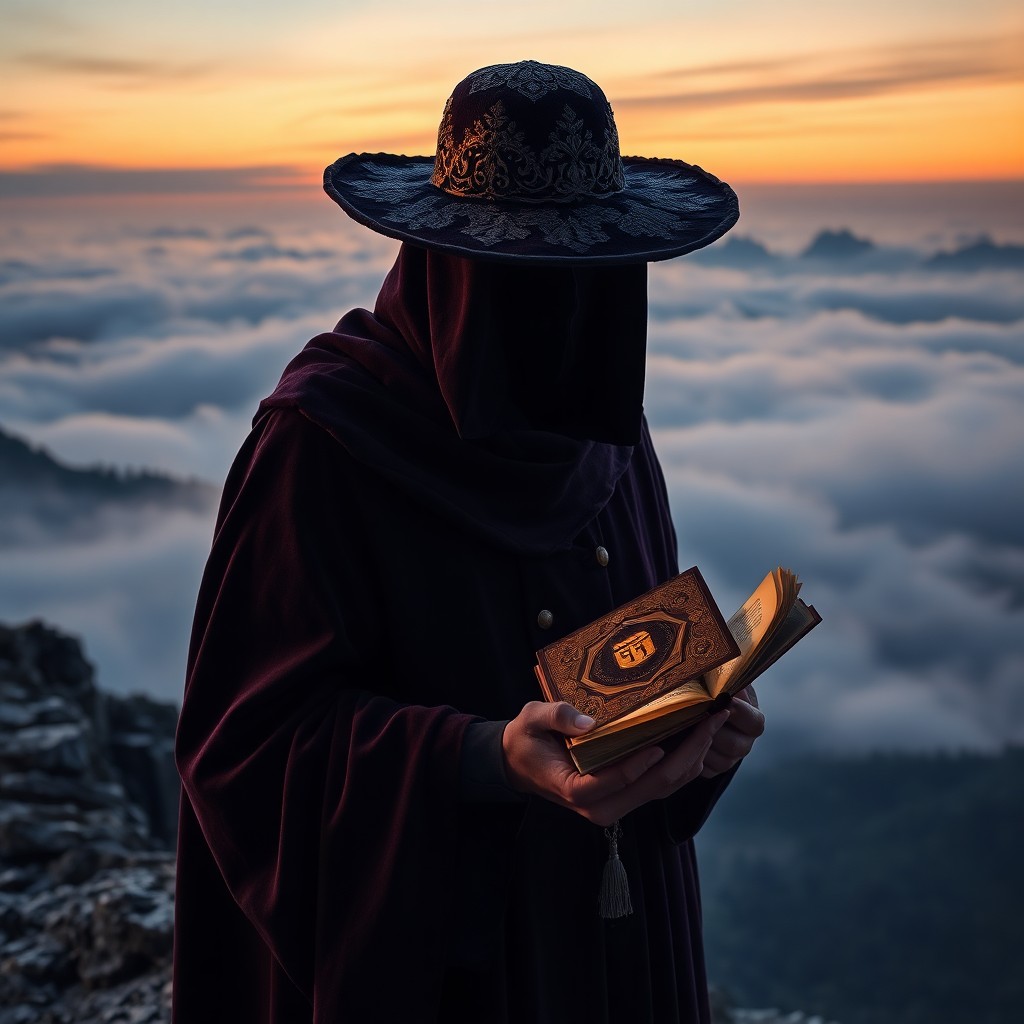 AI generated art for prompt: A photorealistic portrait depicts an enigmatic figure cloaked in mystery atop a rugged cliff overloo