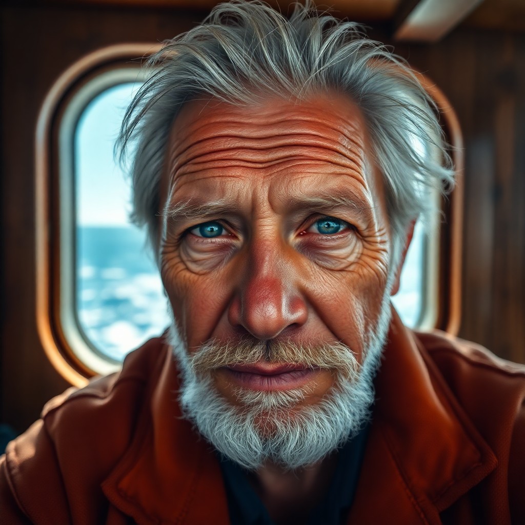 AI generated art for prompt: Envision a hyper-realistic portrait of an aged sea captain, his wise eyes a timid blue amidst rugged