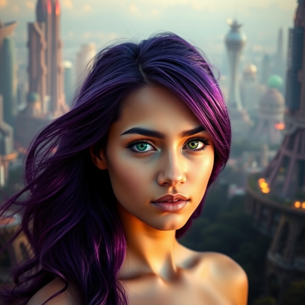 AI generated art for prompt: A portrait photograph showcases a captivating young North African woman with vibrant purple hair fal