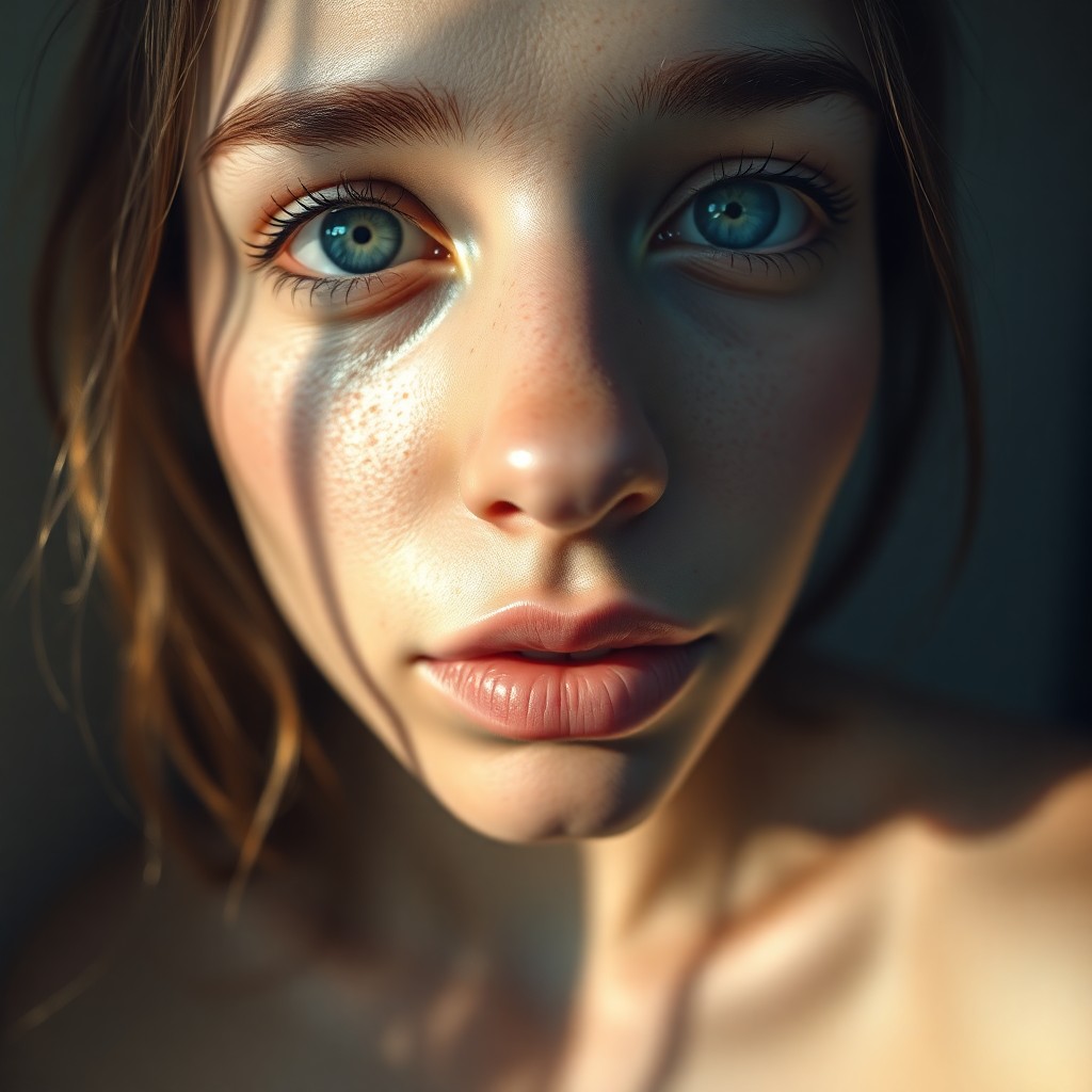 AI generated art for prompt: Envision an ultrarealistic portrait of ethereal beauty, her gentle blue eyes and full lips capturing