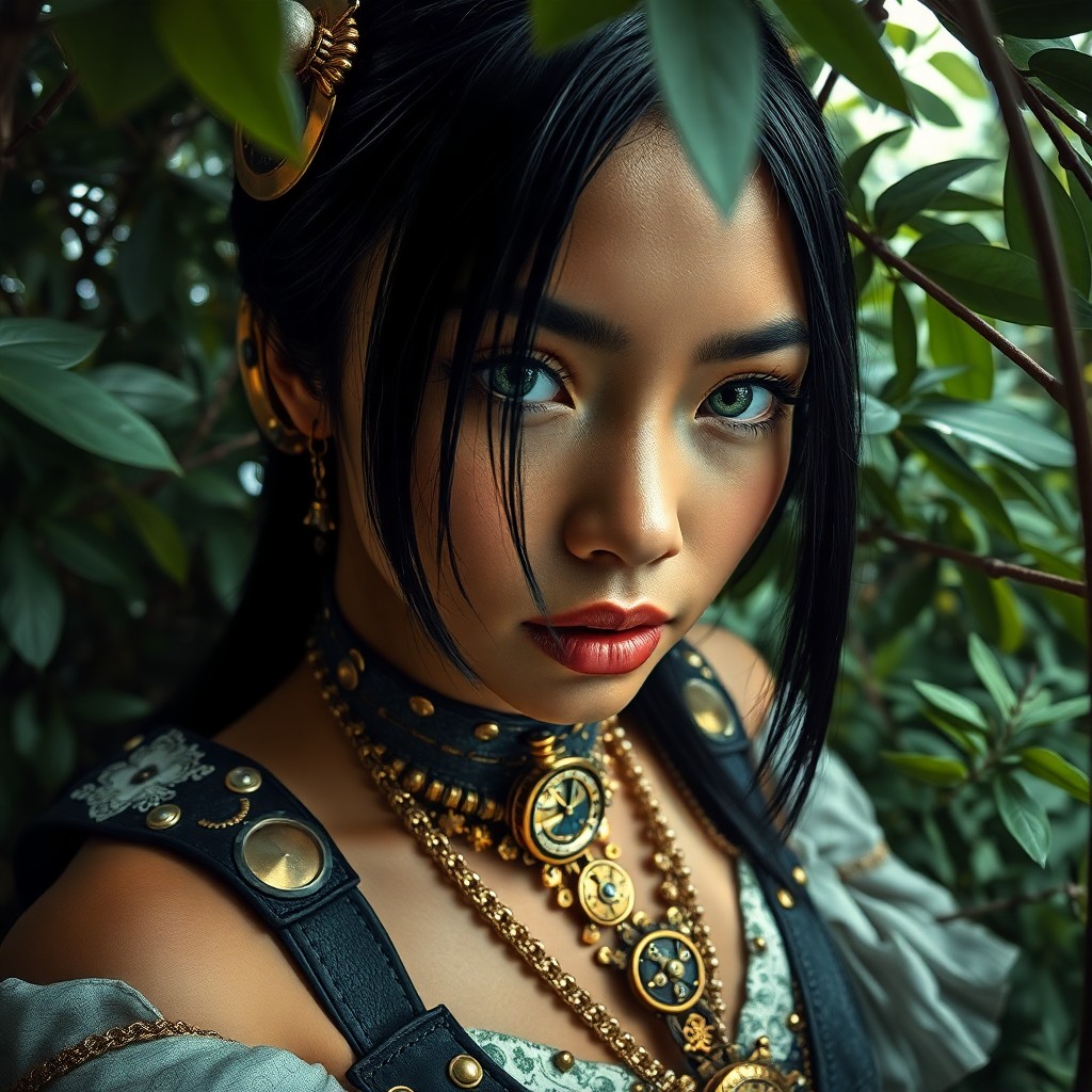 AI generated art for prompt: Craft a photorealistic portrait of an enchanting Pacific Islander woman with captivating green eyes 