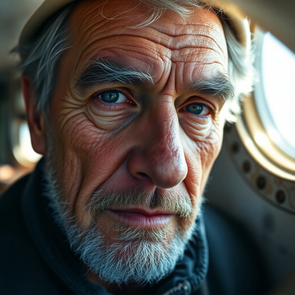 AI generated art for prompt: A hyperrealistic portrait offers an enigmatic glimpse into the life of a seasoned sea captain, viewe