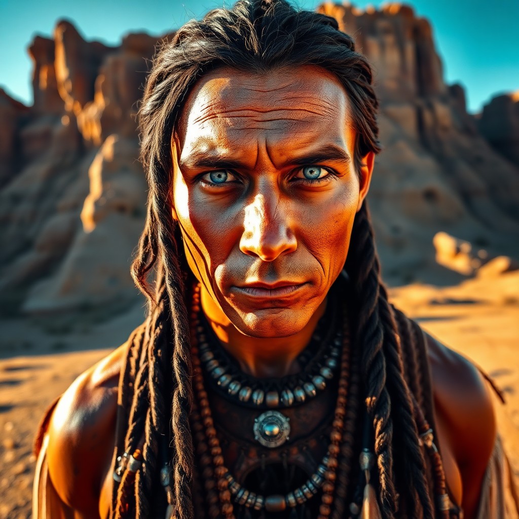 AI generated art for prompt: Imagine a captivating portrait of a Native American warrior with kind blue eyes, his weathered face 