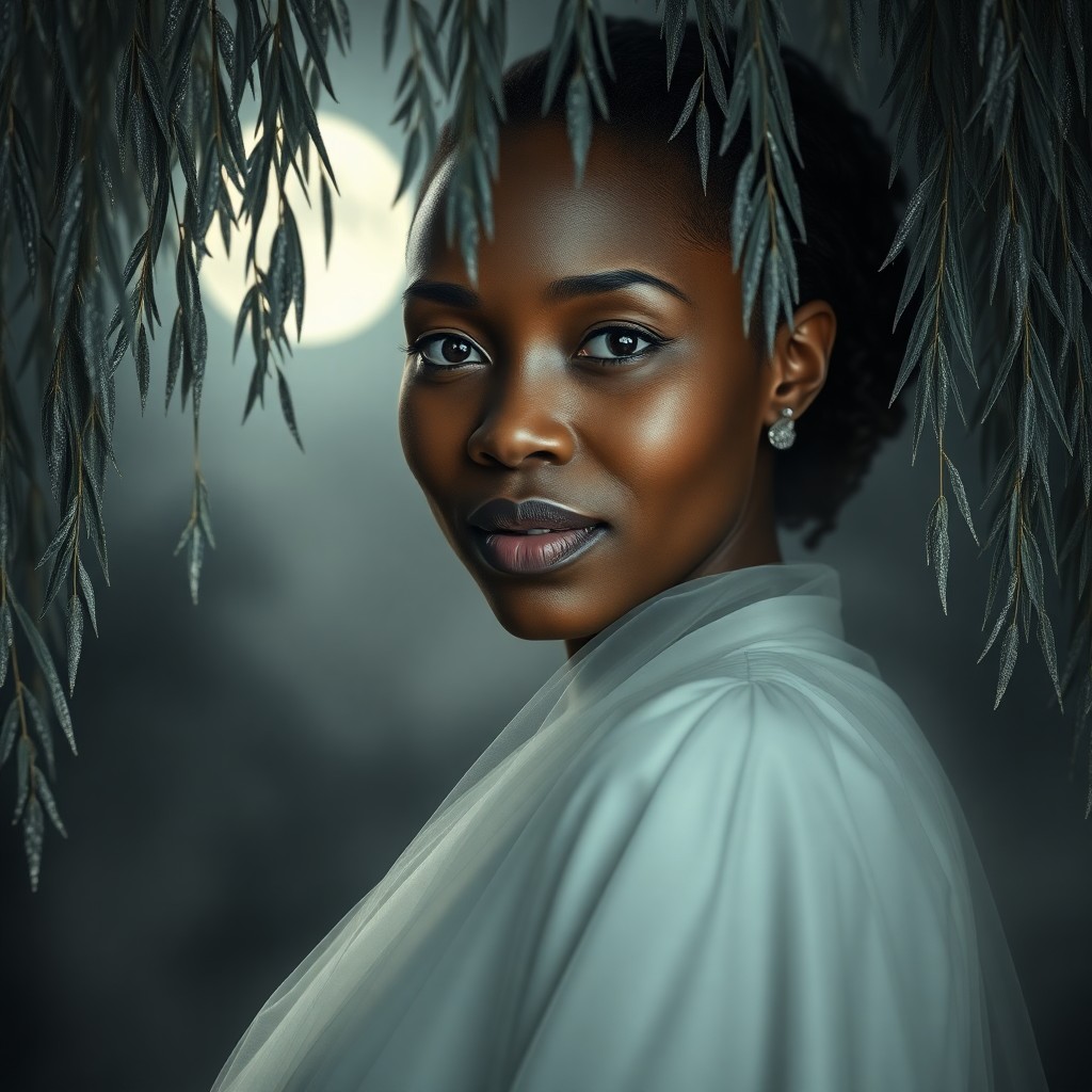 AI generated art for prompt: Craft a hyperrealistic portrait featuring an enigmatic Melanesian woman with porcelain skin and pier