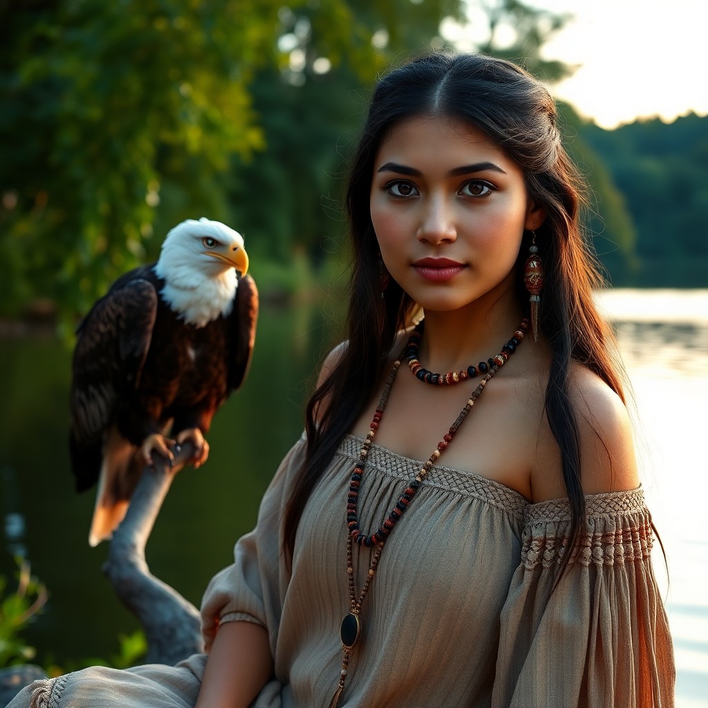 AI generated art for prompt: A photorealistic portrait depicts a young Native American woman of Mediterranean descent, her long h