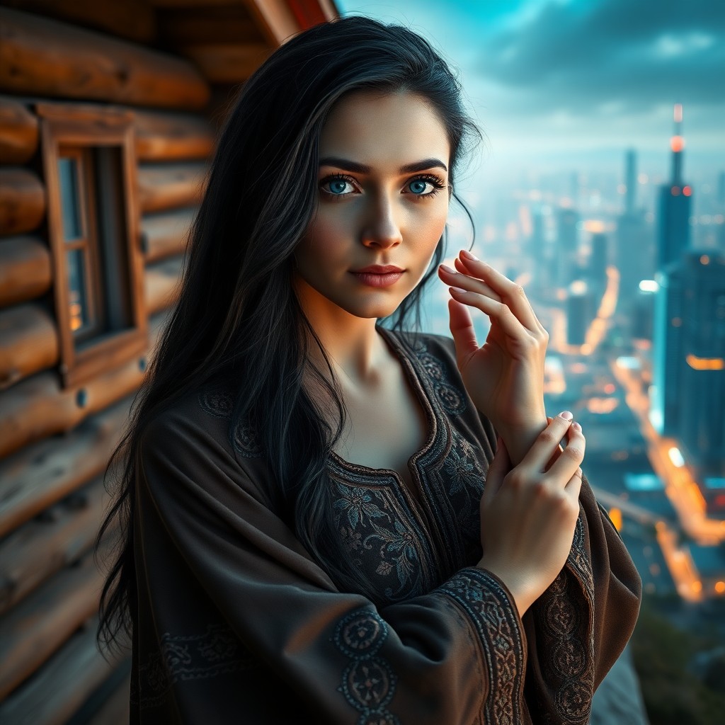 AI generated art for prompt: Craft a photorealistic portrait of an enigmatic Slavic woman with tranquil blue eyes and raven hair.