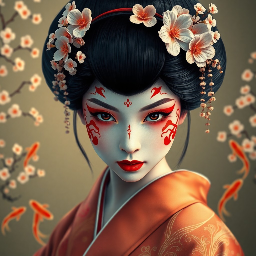 AI generated art for prompt: Craft a hyperrealistic digital illustration of a Japanese geisha with porcelain skin and intricate r