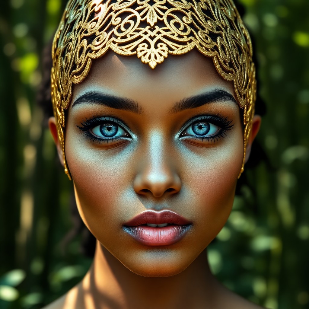 AI generated art for prompt: Create a high-definition fashion portrait featuring a captivating young Melanesian woman with striki