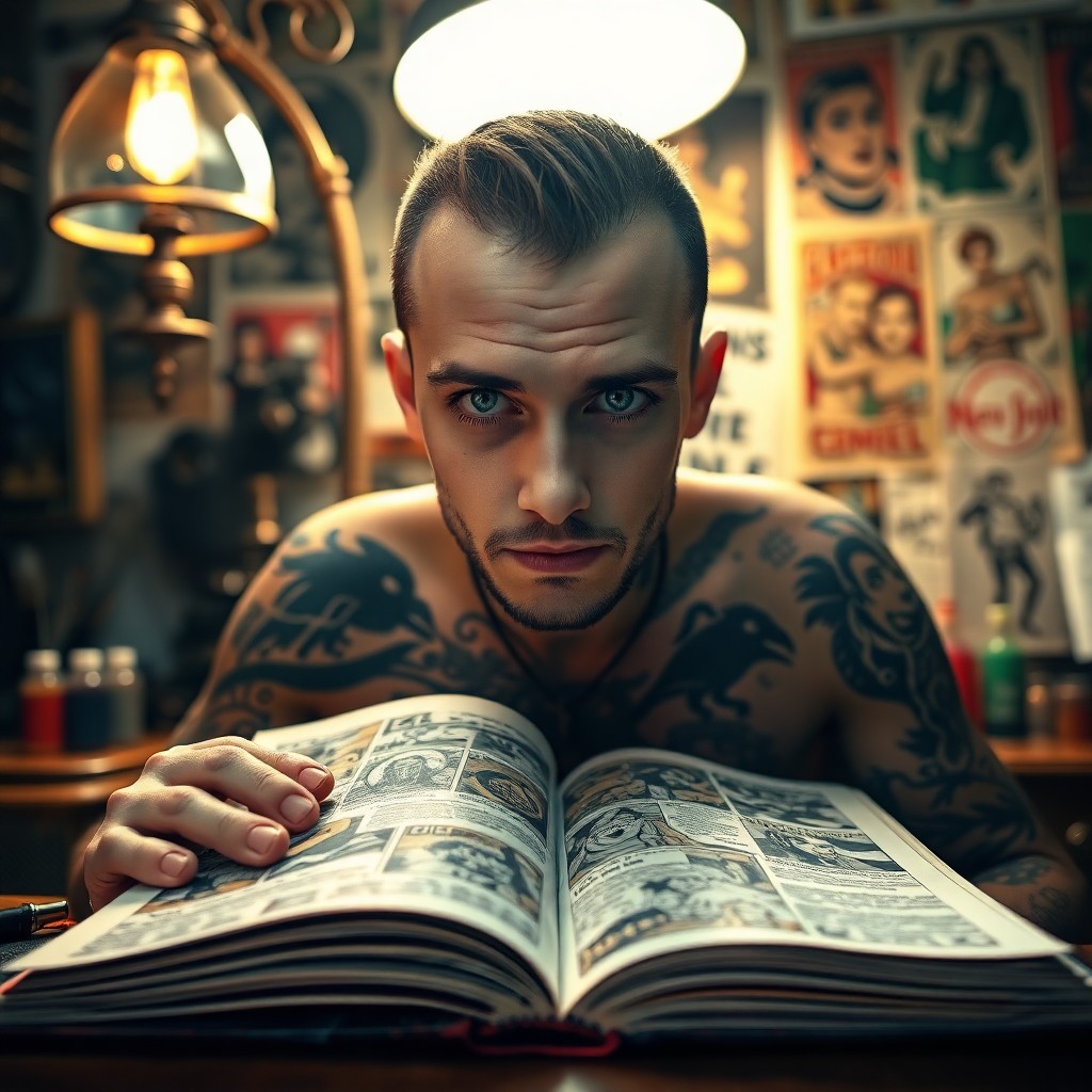 AI generated art for prompt: A portrait photograph showcases an enigmatic tattoo artist with piercing blue eyes and intricate bod