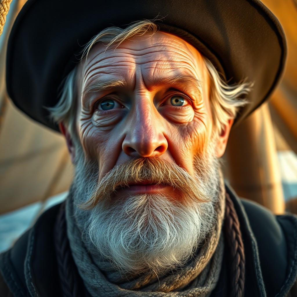 AI generated art for prompt: Craft a photorealistic portrait of an aged sea captain with wistful blue eyes and a salt-and-pepper 