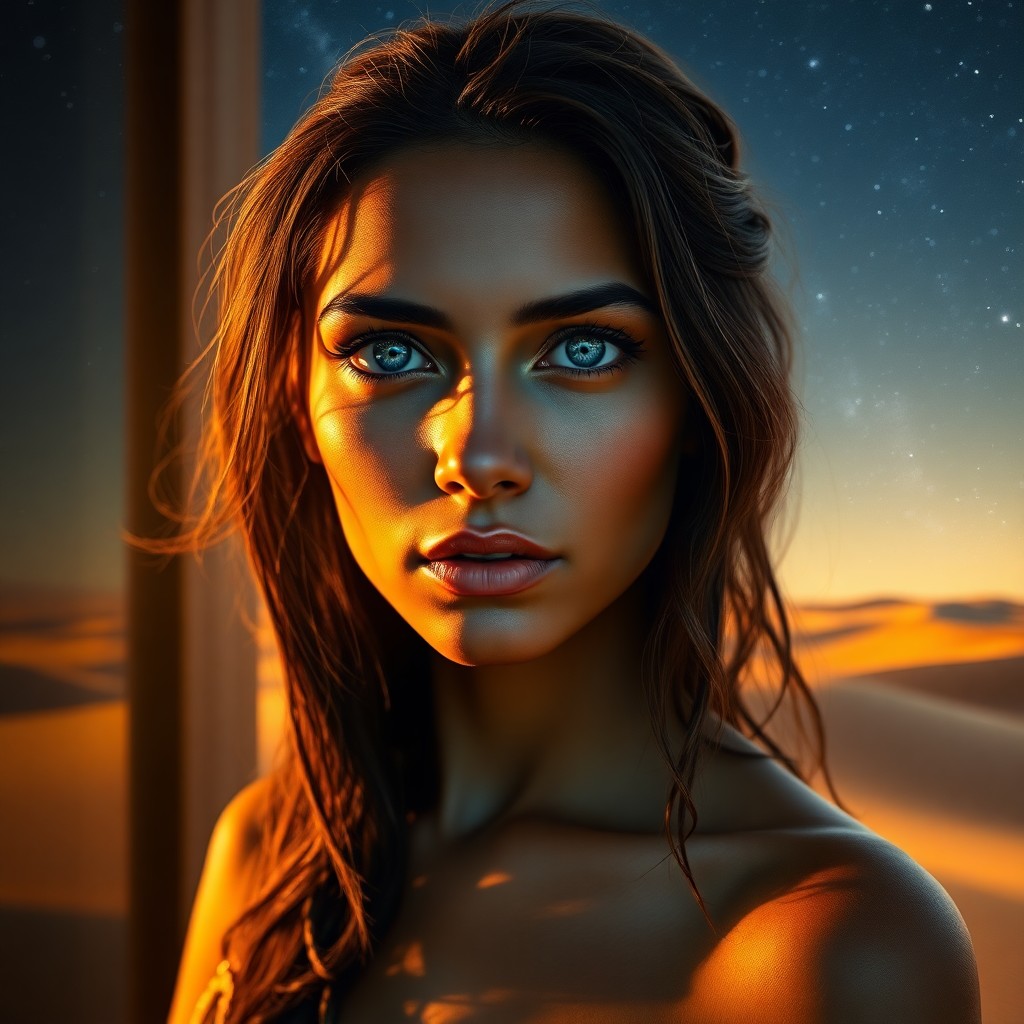 AI generated art for prompt: Craft an image of a hauntingly beautiful Middle Eastern Melanesian woman with captivating blue eyes 