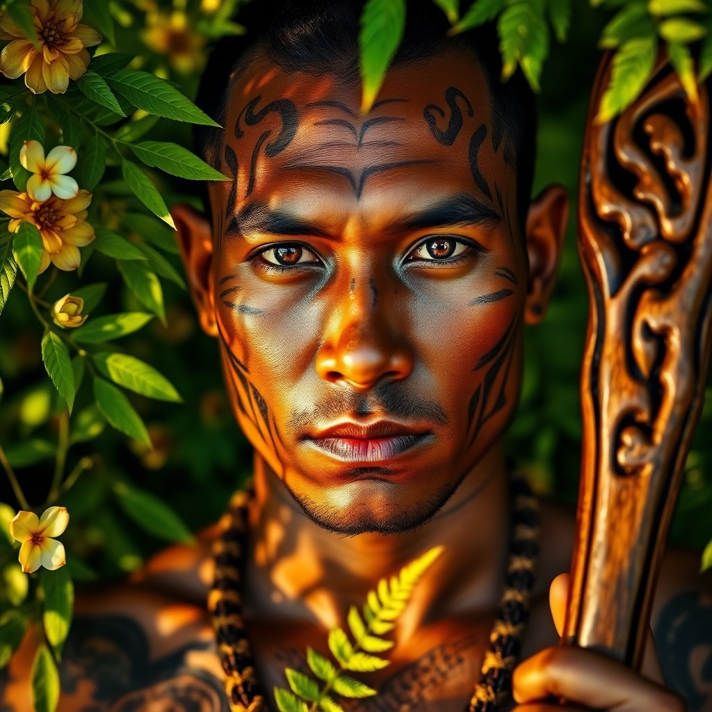 AI generated art for prompt: Imagine a DSLR portrait capturing an intense-gaze Maori Micronesian man adorned with intricate facia