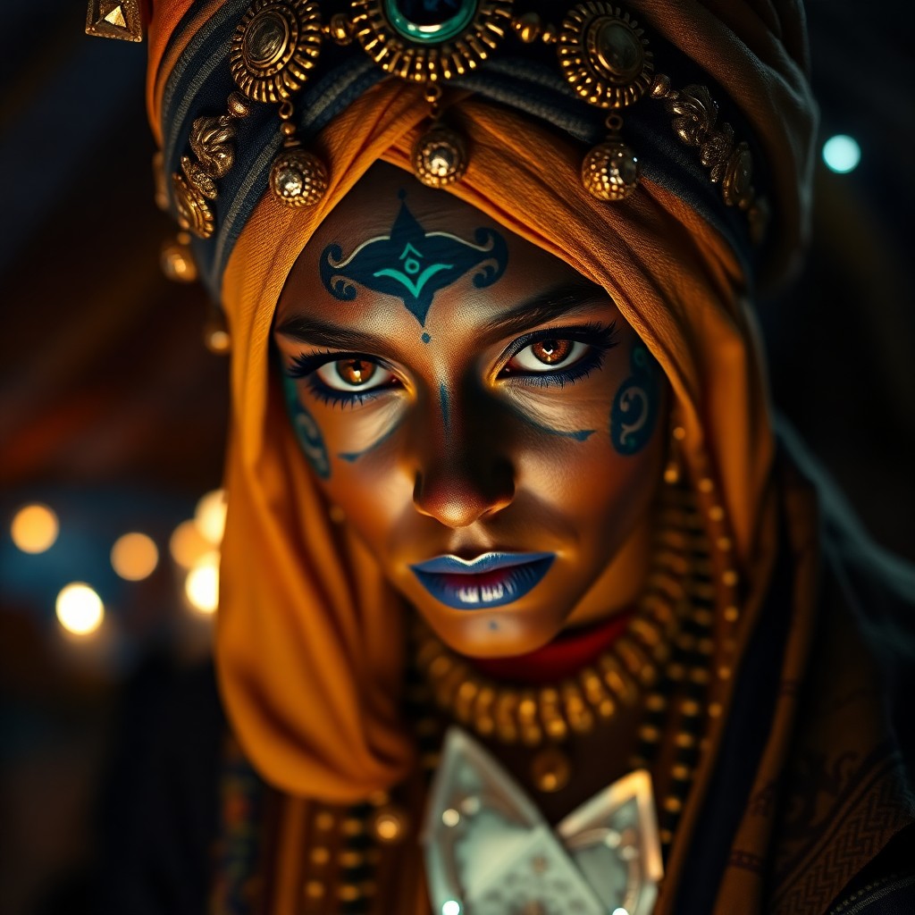 AI generated art for prompt: A captivating portrait featuring an enigmatic fortune teller with piercing sapphire eyes and intrica