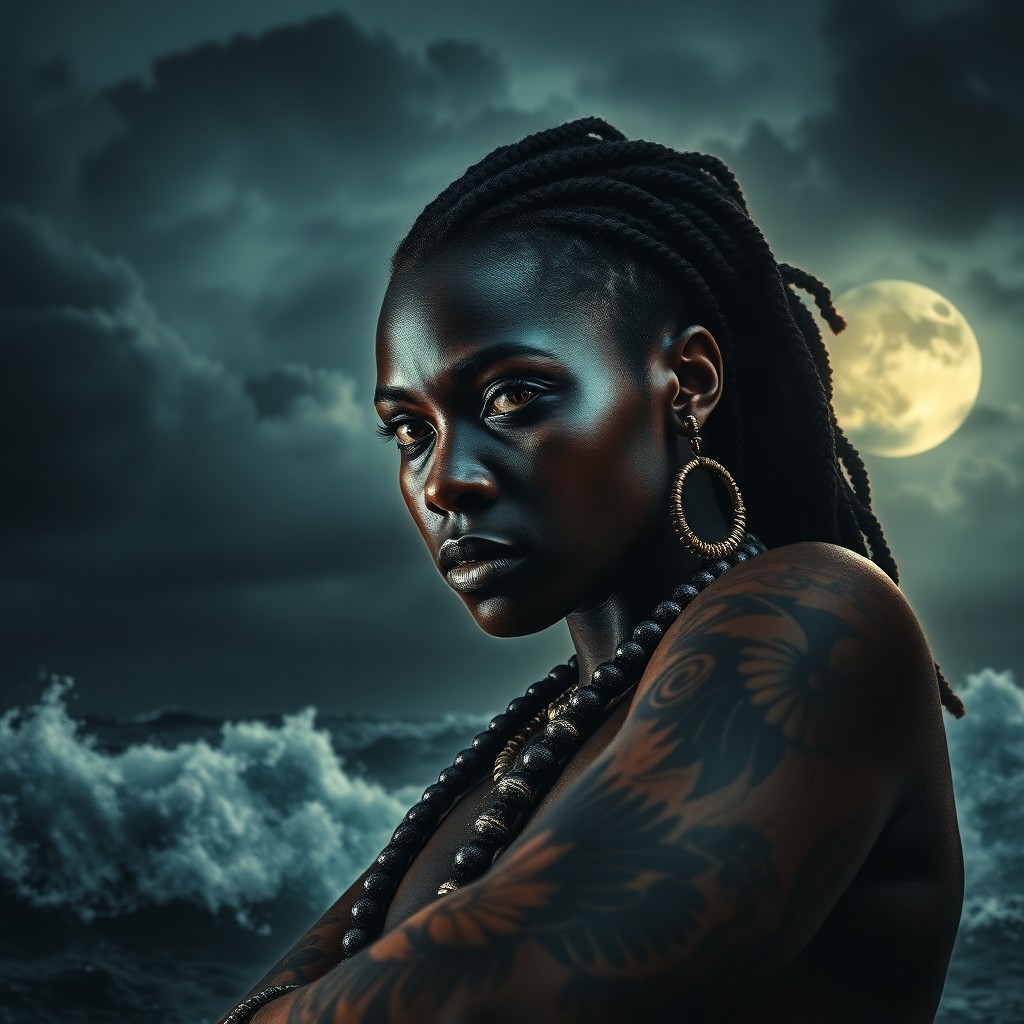 AI generated art for prompt: Craft a photorealistic portrait of an enigmatic African woman adorned with intricate tattoos on her 