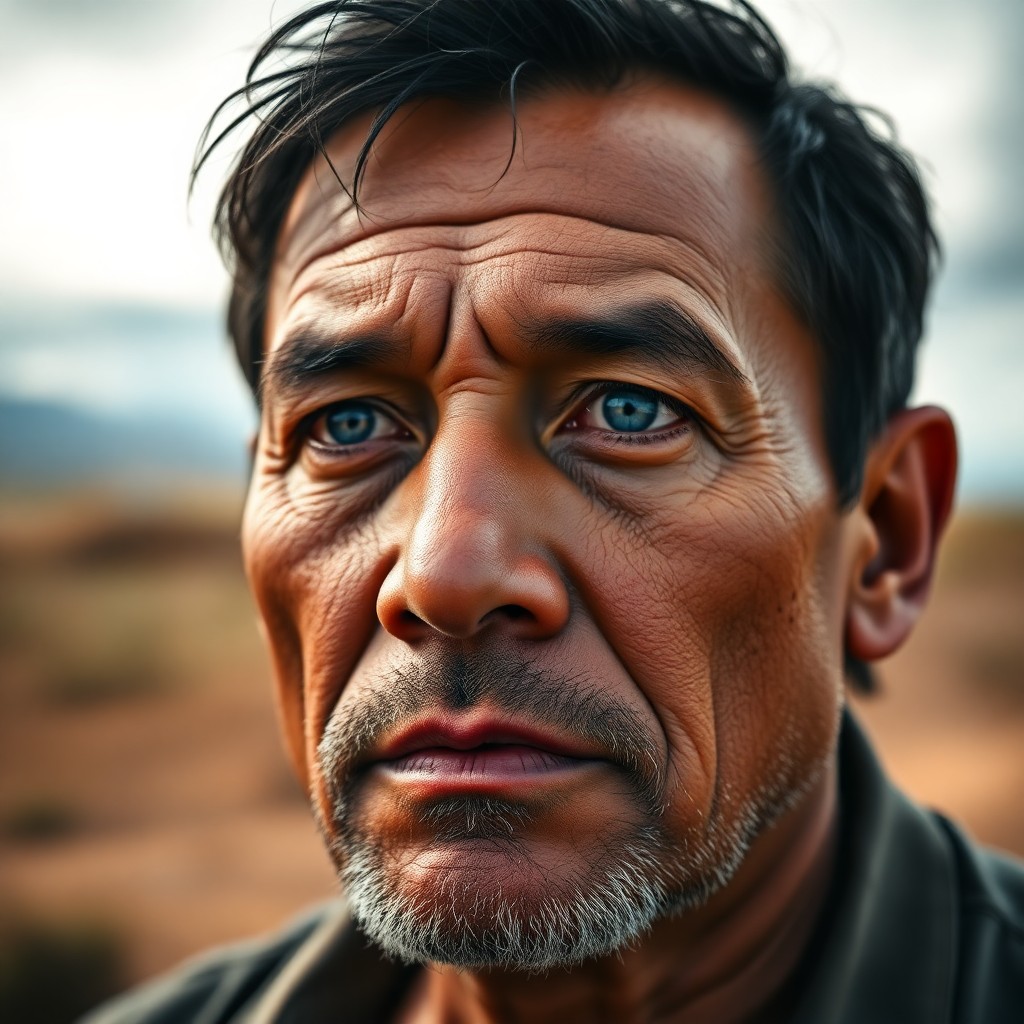 AI generated art for prompt: A DSLR captures a portrait of a middle-aged Pacific Islander man with rugged features and timid blue