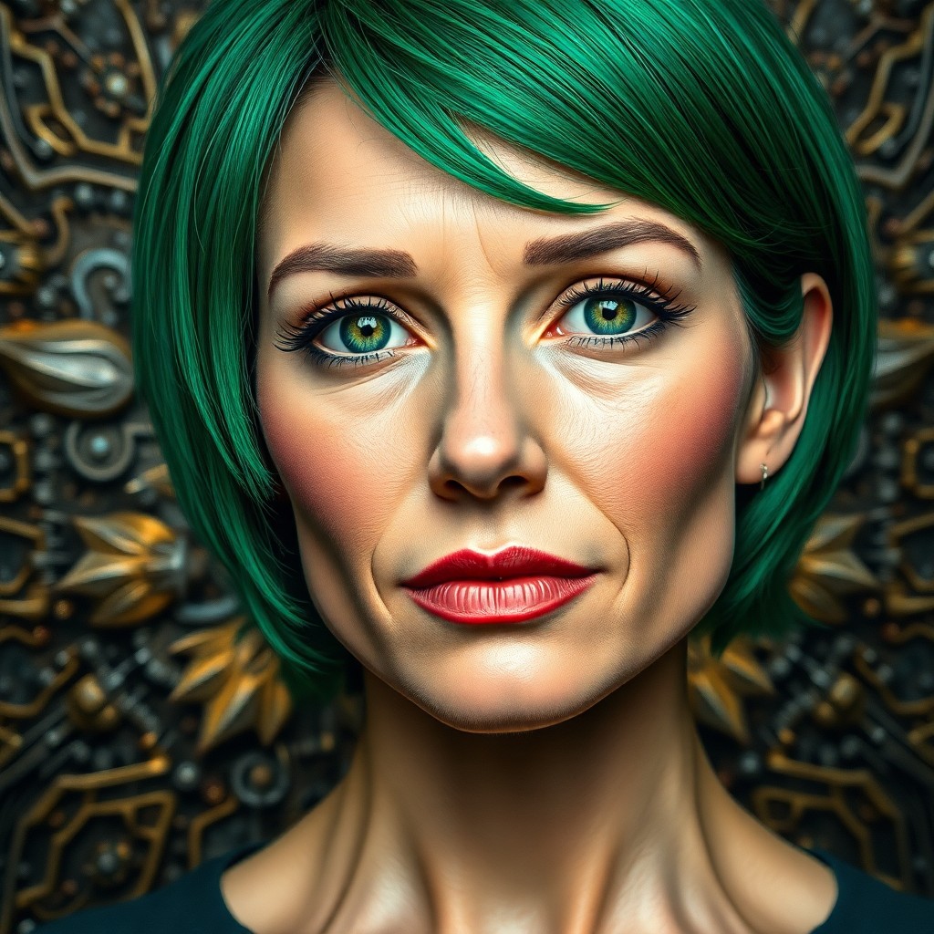 AI generated art for prompt: A superrealistic portrait of a Slavic woman with vibrant green hair styled in an asymmetrical bob, h