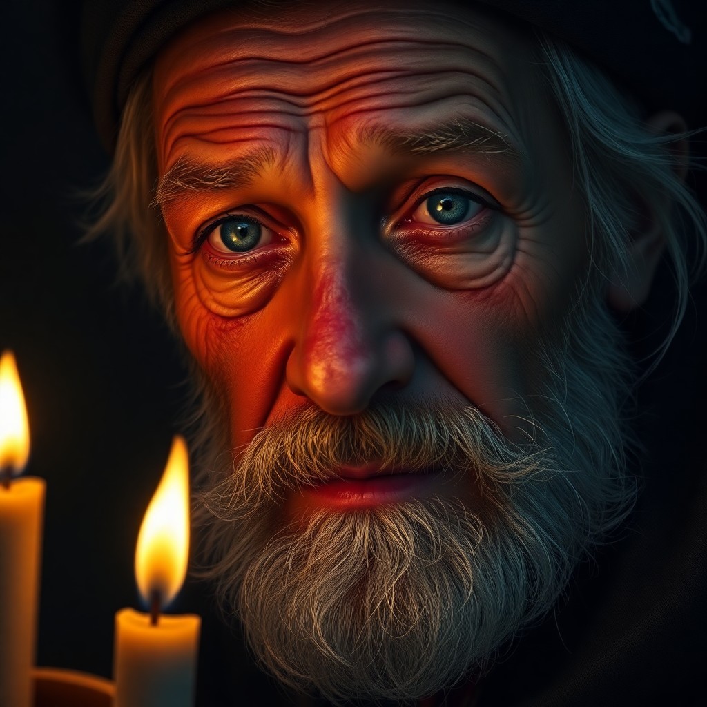 AI generated art for prompt: Visualize a hyperrealistic portrait of an elderly sailor with misty blue eyes filled with nostalgia,