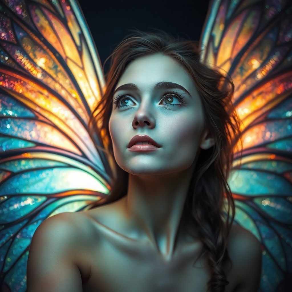 AI generated art for prompt: A captivating portrait photograph showcases a celestial fae with iridescent wings fully extended fro