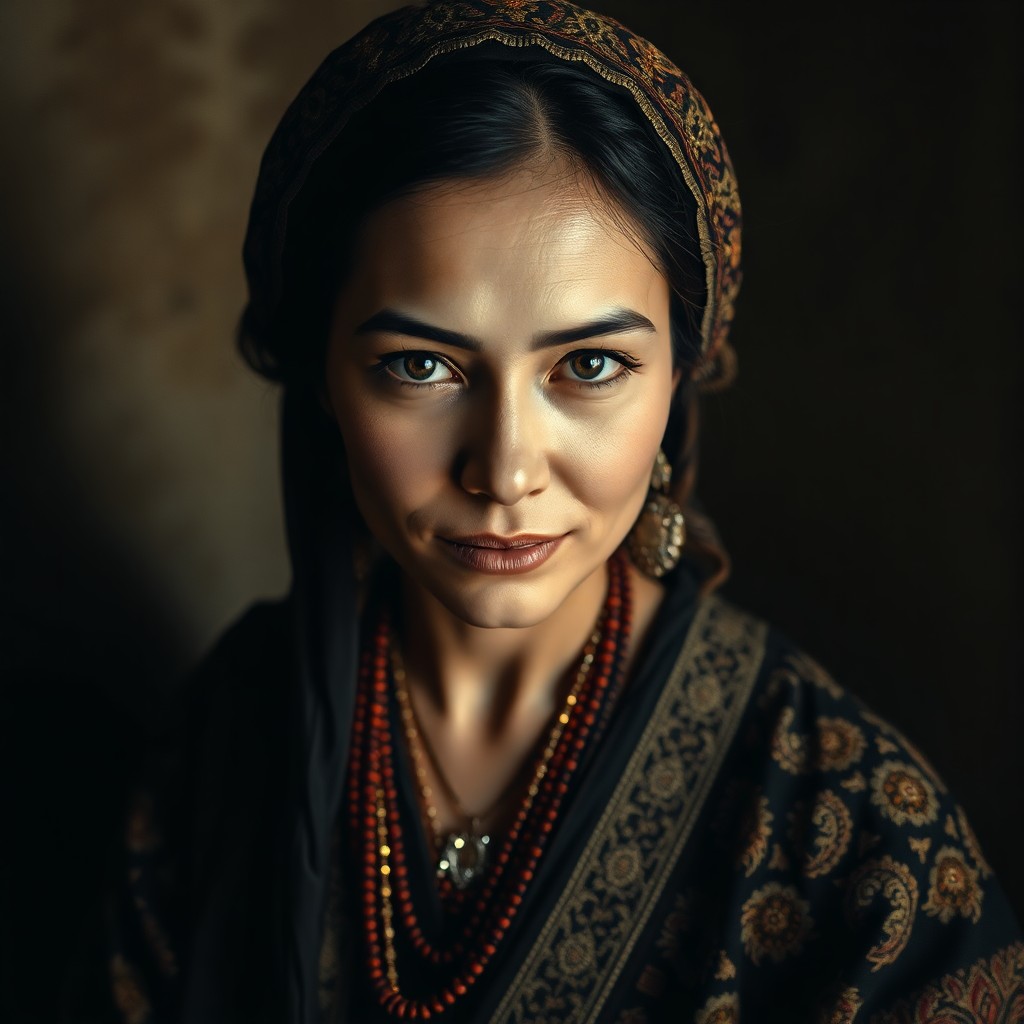 AI generated art for prompt: A photorealistic portrait showcases an enigmatic Central Asian woman from a distant era, set against