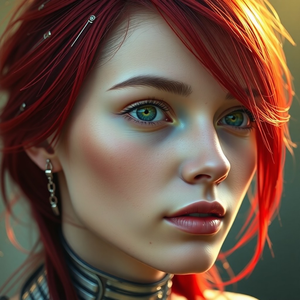 AI generated art for prompt: A photorealistic portrait photograph captures an enigmatic female cyborg with alabaster skin and vib