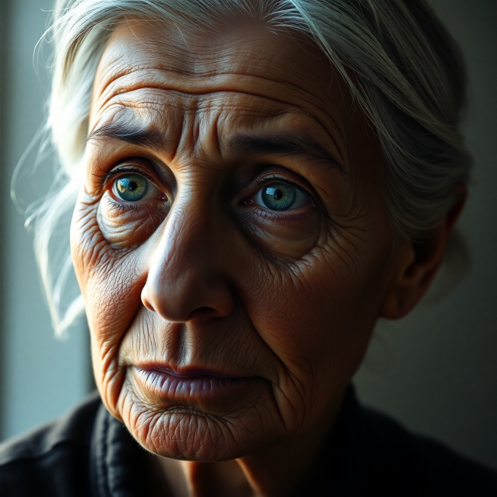 AI generated art for prompt: A super-realistic portrait showcasing a detailed depiction of an elderly Hispanic woman with silver 