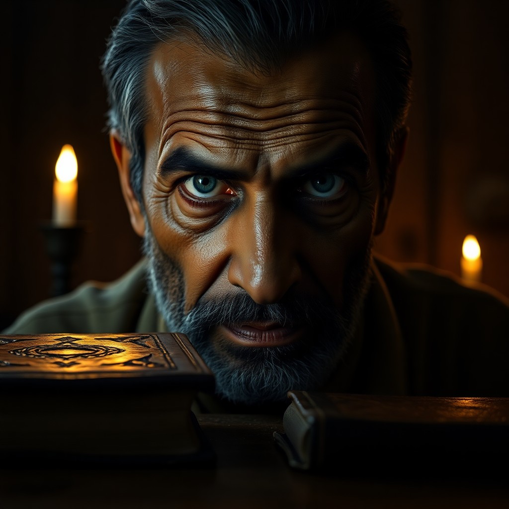 AI generated art for prompt: Aged South Asian man with dreamy blue eyes and a defined jawline, illuminated by soft candlelight ca